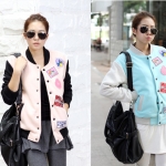 เสื้อเบสบอลสีชมพูอ่อนแขนดำ Ibero ปักลายแฟชั่น