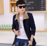 พร้อมส่ง เสื้อโค้ท ผู้ชาย สีน้ำเงิน คอปกแต่งขนสัตว์เทียม แขนยาว แต่งบ่า กระดุมหน้า ใส่กันหนาว ใส่กันลม ใส่ไปต่างประเทศ ใส่อุ่น