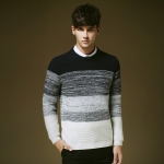 พรีออร์เดอร์ เสื้อกันหนาวไหมพรมแฟชั่น เสื้อถัก คอกลม ขนนุ่ม ยืดหยุ่น สีน้ำเงิน สลับขาว แขนจั๊ม เอวจั๊ม ใส่แล้วอุ่นมากๆ