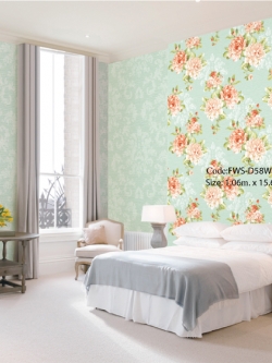 วอลเปเปอร์ลายดอกไม้วินเทจ พื้นมีลายหลุยส์ โทนสีฟ้าอมเขียว FWS-D58W