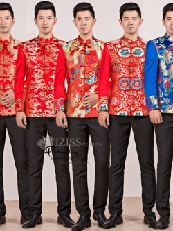 ST077 **พรีออเดอร์แบบ A B C D E ระบุเวลาซื้อด้วยนะคะ**สูทจีนผู้ชายสีแดงและสีน้ำเงินแขนยาวปักลายมังกร กระดุมขัด พร้อมกางเกงสีดำ ชุดสูทเจ้าบ่าว สูทแฟนซี ถ่ายพรีเวดดิ้ง & ชุดแต่งงานแฟนซี (Fancy wedding dress) สูทผู้ชายสีแดง