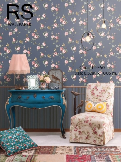 วอลเปเปอร์ลายช่อดอกไม้เลื้อยสไตล์วินเทจโทนสีชมพูพื้นเทกเจอร์ผ้าไหมสีน้ำเงิน ITT-F50