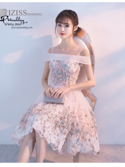 DS037 - **พร้อมส่ง** ชุดราตรี เดรสสั้นออกงาน (short dresses) ชุดไปงานแต่งงานสวยๆ "ธีมสีโอโรสปักดอก 3D"