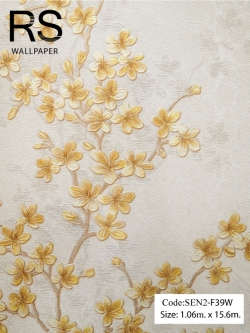 วอลเปเปอร์ลายดอกซากุระสีเหลืองเป็นกิ่งเลื้อยพื้นสีขาวอมน้ำตาลอ่อน SEN2-F39W