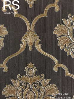 วอลเปเปอร์ลายหลุยส์ดอกสีทองมีกลิตเตอร์พื้นสีน้ำตาลเข้ม ROL-R08
