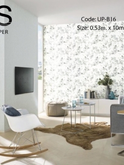 วอลเปเปอร์ลายใบไม้ฟ้า พื้นสีขาว มีกลิตเตอร์สีเงินโรย UP-B16