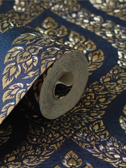 วอลเปเปอร์ลายพุ่มข้าวบิณฑ์สีทองพื้นสีน้ำเงิน LTH-M09