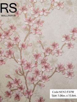 วอลเปเปอร์ลายดอกซากุระสีชมพูเป็นกิ่งเลื้อยพื้นสีน้ำตาลครีม SEN2-F37W