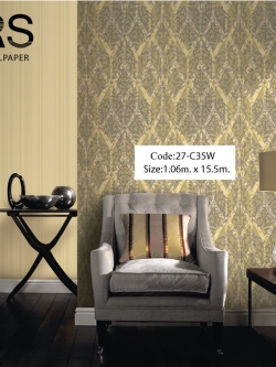 วอลเปเปอร์ลายหลุยส์คลาสสิคเรียบหรูโทนสีทองลายสีน้ำเงิน 27-C35W