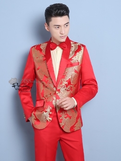 ST093 **พรีออเดอร์**สูทจีนผู้ชายสีแดงแขนยาว ลายมังกรสีทอง ติดกระดุม พร้อมกางเกงสีแดงขาสอบ ชุดสูทเจ้าบ่าว สูทแฟนซี ถ่ายพรีเวดดิ้ง & ชุดแต่งงานแฟนซี (Fancy wedding dress) สูทผู้ชายสีแดง