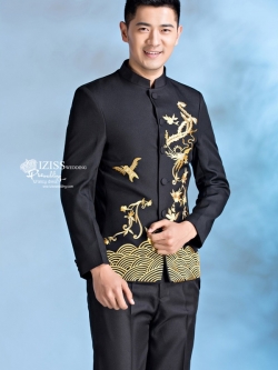 ST075 **พรีออเดอร์**สูทจีนผู้ชายสีดำแขนยาวปักนกนางแอ่นสีทอง ติดกระดุมสีดำ พร้อมกางเกงสีดำขาสอบ ชุดสูทเจ้าบ่าว สูทแฟนซี ถ่ายพรีเวดดิ้ง & ชุดแต่งงานแฟนซี (Fancy wedding dress) สูทผู้ชายสีดำ