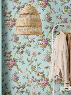 วอลเปเปอร์ลายดอกไม้ สีม่วง พื้นสีฟ้าอ่อนอมเขียวอ่อน BMG2-B54