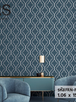 วอลเปเปอร์ลายดอกจิก เส้นขาวเทาเงิน พื้นสีน้ำเงินกรมท่า FRN-F55W