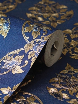 วอลเปเปอร์ลายดอกพุดตานสีทองพื้นสีน้ำเงิน LTH-M20