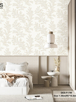 วอลเปเปอร์ลายใบไม้ สีเทาปนทอง พื้นสีขาว DES-F17W