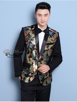 ST096 **พรีออเดอร์**สูทจีนผู้ชายสีดำแขนยาว ลายมังกรสีทอง ติดกระดุม พร้อมกางเกงสีดำขาสอบ ชุดสูทเจ้าบ่าว สูทแฟนซี ถ่ายพรีเวดดิ้ง & ชุดแต่งงานแฟนซี (Fancy wedding dress) สูทผู้ชายสีดำ