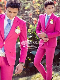 ST099 **พร้อมส่ง **สูทผู้ชายสีชมพูเข้มแขนยาว พร้อมกางเกง ชุดสูทเจ้าบ่าว สูทแฟนซี ถ่ายพรีเวดดิ้ง & ชุดแต่งงานแฟนซี (Fancy wedding dress) สูทผู้ชายสีชมพูเข้ม