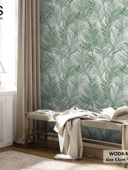 วอลเปเปอร์ลายใบไม้สีเขียว พื้นสีขาว สไตล์ทรอปิคอล WOD4-M28