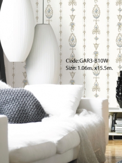 วอลเปเปอร์ลายทางดอกไม้สไตล์หลุยส์วินเทจพื้นสีขาว ดอกไม้โทนสีฟ้า GAR3-B10W