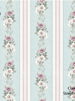 วอลเปเปอร์ลายทางดอกไม้ใบไม้ดอกออกสีชมพูใบเขียวแก่ ช่องกว้าง 12 ซม.สีฟ้า สลับสีชมพูขาว BQ-B58