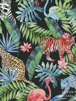 วอลเปเปอร์ลายธรรมชาติมี ใบไม้ ดอกไม้ เสือ ม้าลายและนกกระยางหลายสีสันพื้นสีดำ COL-F14