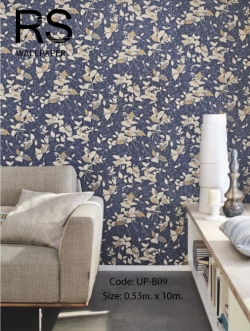 วอลเปเปอร์ลายใบไม้สีครีมทอง พื้นสีน้ำเงิน มีกลิตเตอร์สีเงินโรย UP-B09