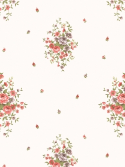 วอลเปเปอร์ลายพุ่มดอกไม้ดอกชมพูฟ้าใบเขียวพื้นสีขาวอมทอง GAR3-B34W