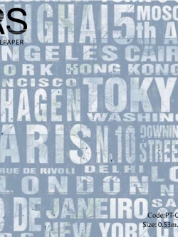 วอลเปเปอร์ลายตัวหนังสือสีครีมมีแผนที่ด้วยพื้นสีฟ้าเมทัลลิค PT-Q54