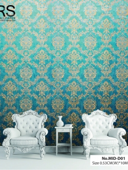 วอลเปเปอร์ ลายหลุยส์ พื้นสีฟ้า ลายสีน้ำตาลทอง No.MID-D01