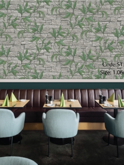 วอลเปเปอร์ลายใบไม้สีเขียวเลื้อยบนพื้นหิน ST3-C42W