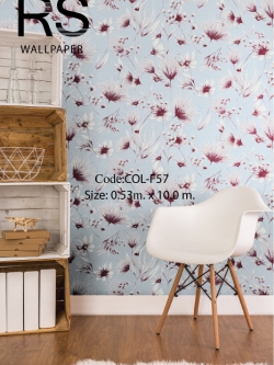 วอลเปเปอร์ลายดอกไม้ดอกหญ้าสีขาวกับแดงอมม่วงพื้นสีฟ้าอ่อน COL-F57