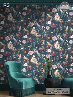 วอลเปเปอร์ลายดอกไม้ สีพื้นเขียวเข้มอมฟ้าเข้ม BTH-B68