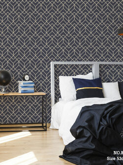 วอลเปเปอร์ โมเดิร์น มินิมอล พื้นสีน้ำเงิน เส้นสีขาวสลับทอง KBK-S20