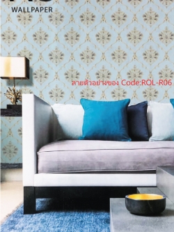 วอลเปเปอร์ลายหลุยส์ดอกสีทองอ่อนมีกลิตเตอร์พื้นสีฟ้า ROL-R06