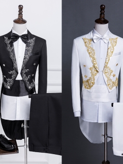 ST132- **พรีออเดอร์**สูททักสิโด้ผู้ชายสีขาว สูททักซิโด้สีดำ แขนยาว พร้อมแถบคาดเอว และกางเกง ชุดสูทเจ้าบ่าว สูทแฟนซี ถ่ายพรีเวดดิ้ง & ชุดแต่งงานแฟนซี (Fancy wedding dress) สูททักสิโด้ผู้ชายสีขาวและสีดำ