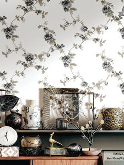 วอลเปเปอร์ลายดอกไม้ สีเทาน้ำตาล พื้นสีขาว BMG2-B78
