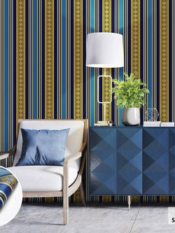 วอลเปเปอร์ลายทาง พื้นสีน้ำเงิน ลายสีทองFSK-J75