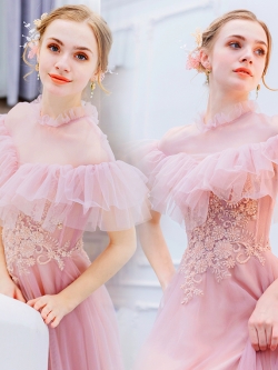 DL114 **พรีออเดอร์** ชุดออกงานสีชมพู ชุดราตรี เดรสยาวออกงาน (Night party dresses) ชุดไปงานแต่งงานสวยๆ "ธีมสีชมพู"