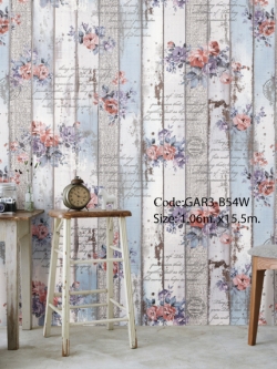 วอลเปเปอร์ลายดอกไม้บนไม้เก่าสีฟ้าสไตล์วินเทจโดยรวมออกโทนสีฟ้าม่วง GAR3-B54W