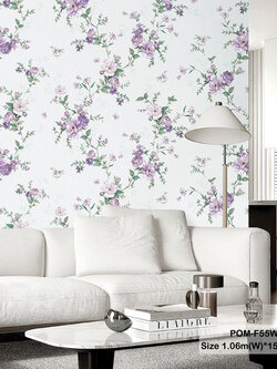 วอลเปเปอร์ลายดอกไม้สีม่วง พื้นสีฟ้าอ่อน POM-F55W
