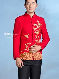 ST072 **พร้อมส่ง**สูทจีนผู้ชายสีแดงแขนยาวปักนกนางแอ่นสีทอง ติดกระดุมสีแดง พร้อมกางเกงสีดำขาสอบ ชุดสูทเจ้าบ่าว สูทแฟนซี ถ่ายพรีเวดดิ้ง & ชุดแต่งงานแฟนซี (Fancy wedding dress) สูทผู้ชายสีแดง-ดำ