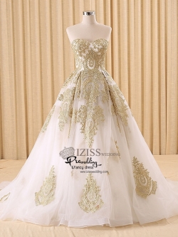 RM001 **งานตัดเกรด A**พรีออเดอร์ชุดราตรีตกแต่งลูกไม้สีทองหรูหรา ชุดแต่งงาน ชุดพรีเวดดิ้งสั่งตัดได้ค่ะ งานเกรดพรีเมี่ยม ตัดเย็บปราณีต สวมใส่สวยงามดุจเจ้าหญิง