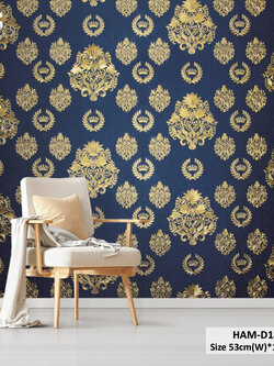 วอลเปเปอร์ลายหลุยส์คลาสสิคสีทอง พื้นสีน้ำเงิน HAM-D18
