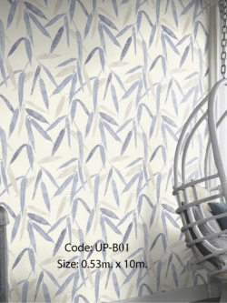 วอลเปเปอร์ลายใบไม้สีฟ้าครีมพื้นสีขาว UP-B01