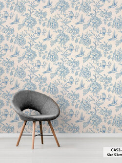 วอลเปเปอร์ลายดอกไม้และนกสีฟ้า พื้นสีครีม CAS2-D24