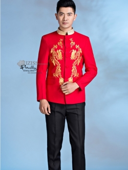 ST084 **พรีออเดอร์**สูทจีนผู้ชายสีแดงคอสีทองแขนยาวปักลายมังกรคู่สีทอง ติดกระดุมสีทอง พร้อมกางเกงสีดำขาสอบ ชุดสูทเจ้าบ่าว สูทแฟนซี ถ่ายพรีเวดดิ้ง & ชุดแต่งงานแฟนซี (Fancy wedding dress) สูทผู้ชายสีแดง ดำ