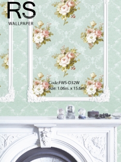 วอลเปเปอร์ลายดอกไม้หลุยส์วินเทจ พื้นสีฟ้าน้ำทะเล FWS-D32W