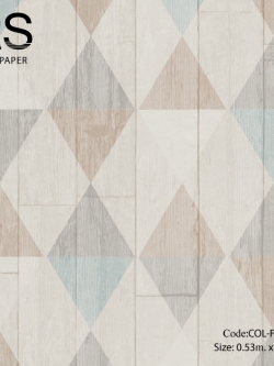 วอลเปเปอร์ลายไม้เพ้นท์รูปสี่เหลียมด้านขนานมีสีสลับครีม ขาว เทา และฟ้าอ่อน COL-F09