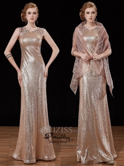 T028 **พรีออเดอร์ชุดราตรี+ผ้าคลุมไหล่**ชุดเลื่อมราตรียาวสีแชมเปญ พร้อมผ้าคลุมไหล่ปักลายหรู แขนกุด ดีเทลซีทรูช่วงไหล่ ด้านข้างลำตัว และด้านหลัง ใช้ผ้าผสมลายปักสวยงามหรูหราไฮโซมากๆ ค่ะ