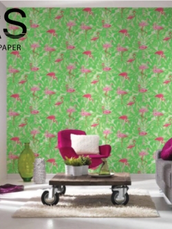 วอลเปเปอร์ลายนกฟามิงโก้สีชมพูพื้นเป็นใบไม้สีเขียวสด (Tropical style) MTS-M06